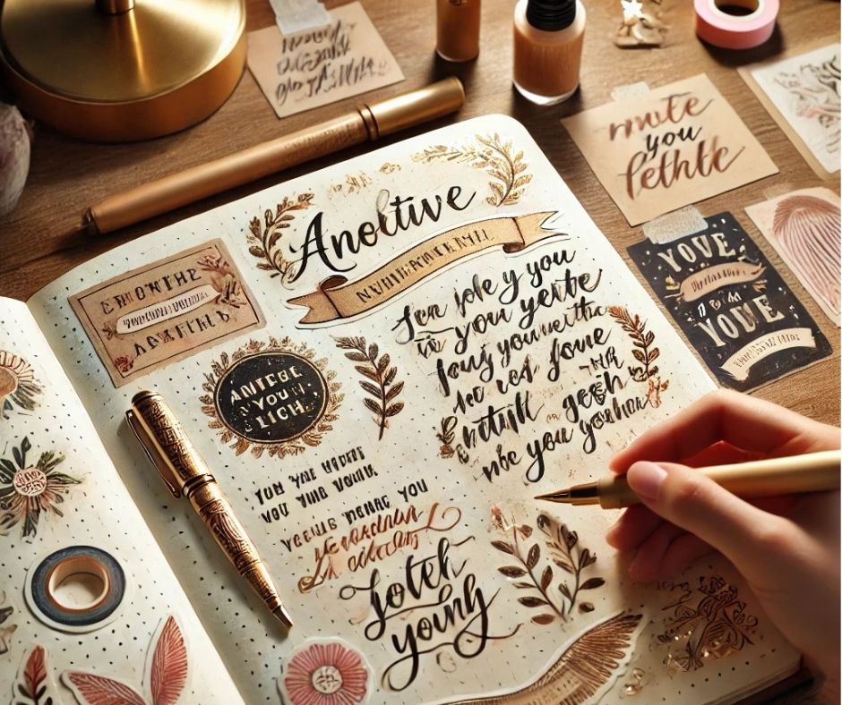 A journal page featuring handwritten inspirational quotes and affirmations, decorated with calligraphy, stickers, and washi tape, on a cozy desk with motivational items.