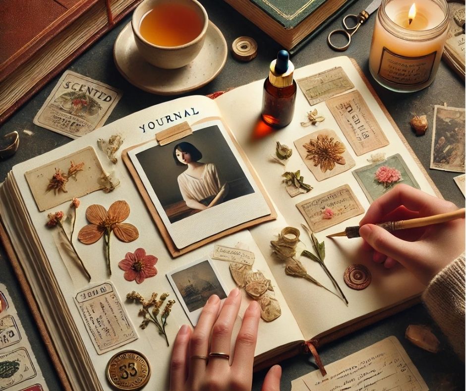 A journal being personalized with a photo, pressed flowers, and ticket stubs, surrounded by scented stickers, a cup of tea, and a candle, creating a sentimental atmosphere.