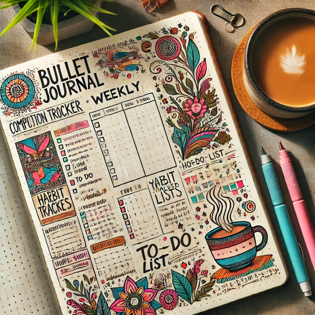 Weekly bullet journal spread in a composition notebook with habit trackers, to-do lists, and decorative doodles.