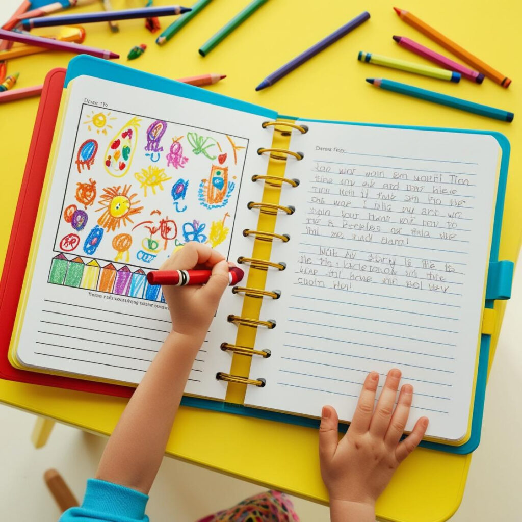 Child using a primary composition notebook for creative drawing and storytelling, with colorful art tools in a bright workspace.