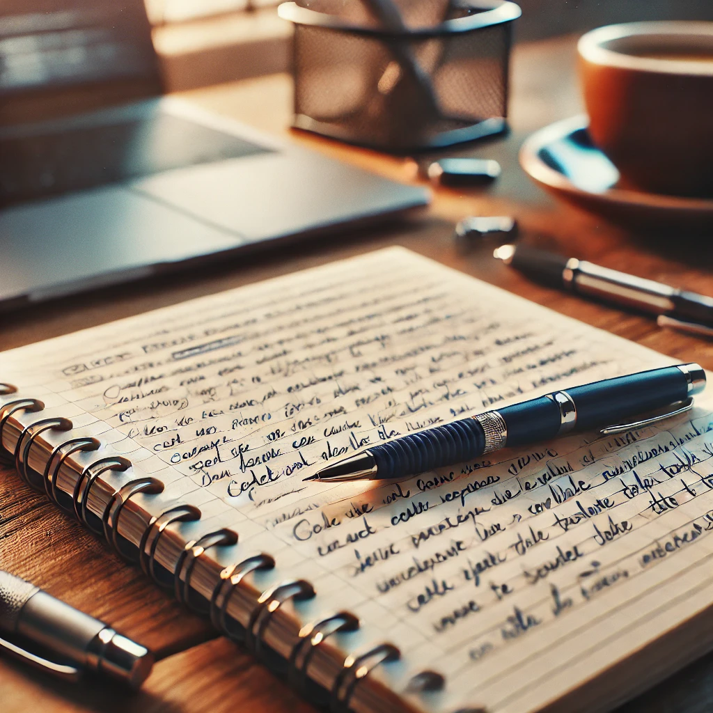 Close-up of a college ruled composition notebook with neat handwritten notes on a professional workspace.