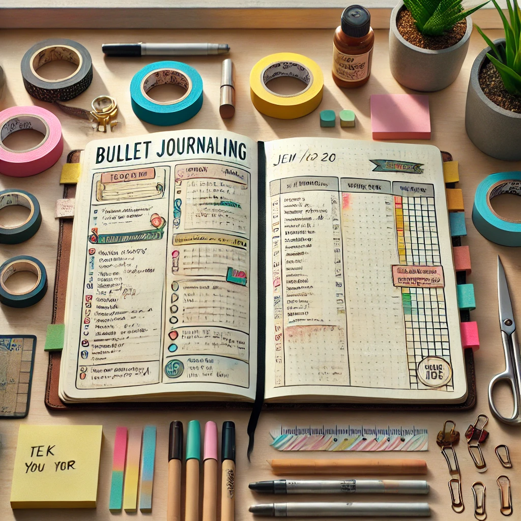 Open composition notebook for bullet journaling on a desk with colorful markers, washi tape, and sticky notes in a creative workspace.