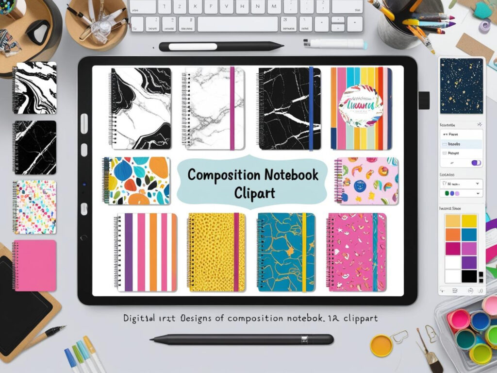 Versatile composition notebook clipart on a digital workspace for educational, crafting, and design projects.