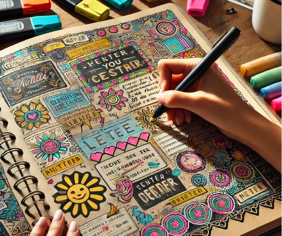 A journal page filled with colorful handwritten notes, doodles, and decorative borders, with stencils, highlighters, and pens scattered on a well-lit artistic workspace.