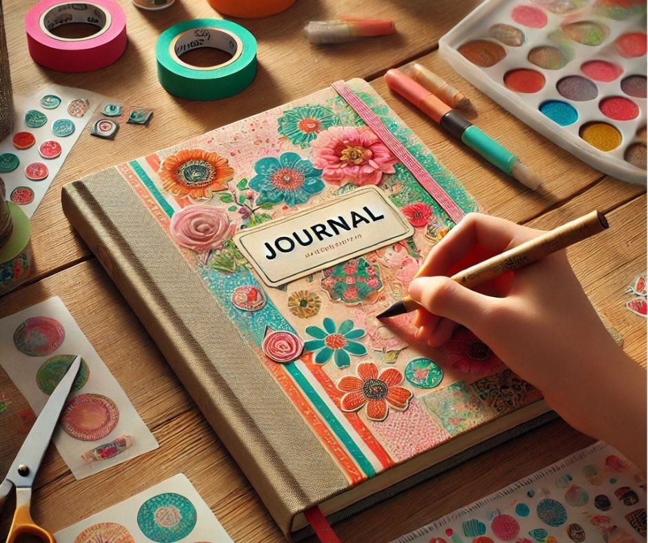 Close-up of a journal cover being decorated with washi tape, stickers, and markers, surrounded by scissors and stencils on a creative workspace desk.