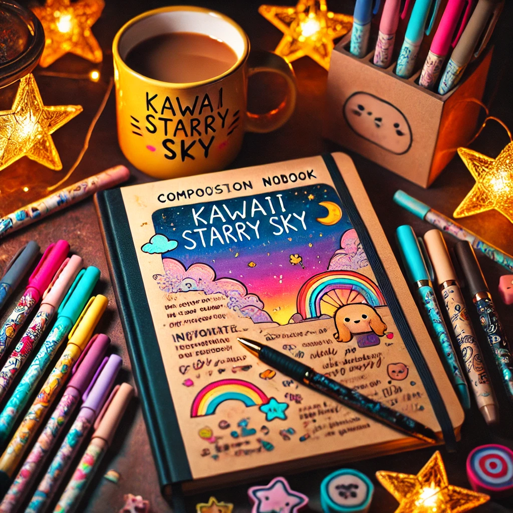 Kawaii Starry Sky Composition Notebook with handwritten inspirational quotes and doodles, surrounded by colorful pens and a coffee mug.