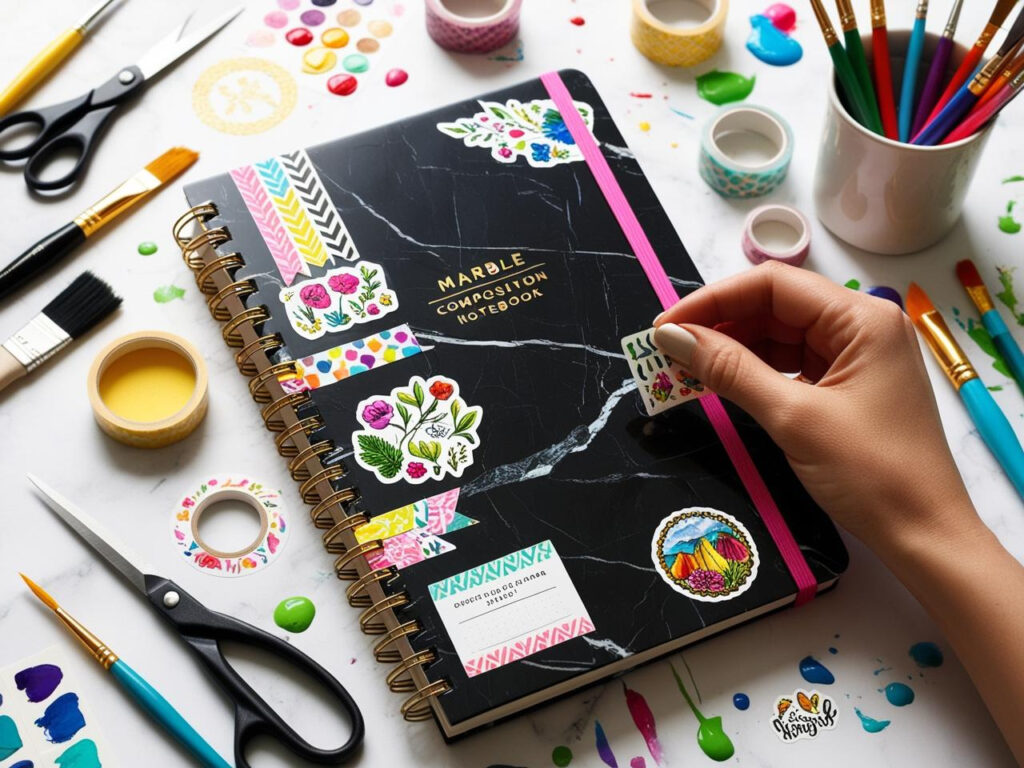 Customization of a Black marble composition notebook bwith stickers, washi tape, and markers in a creative workspace.