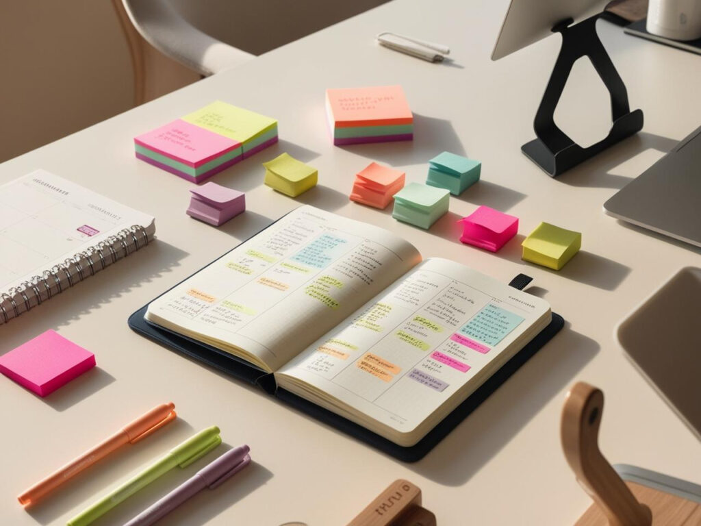 Composition notebook guide for increase the productivity with color-coded tools, and ergonomic accessories in an organized workspace