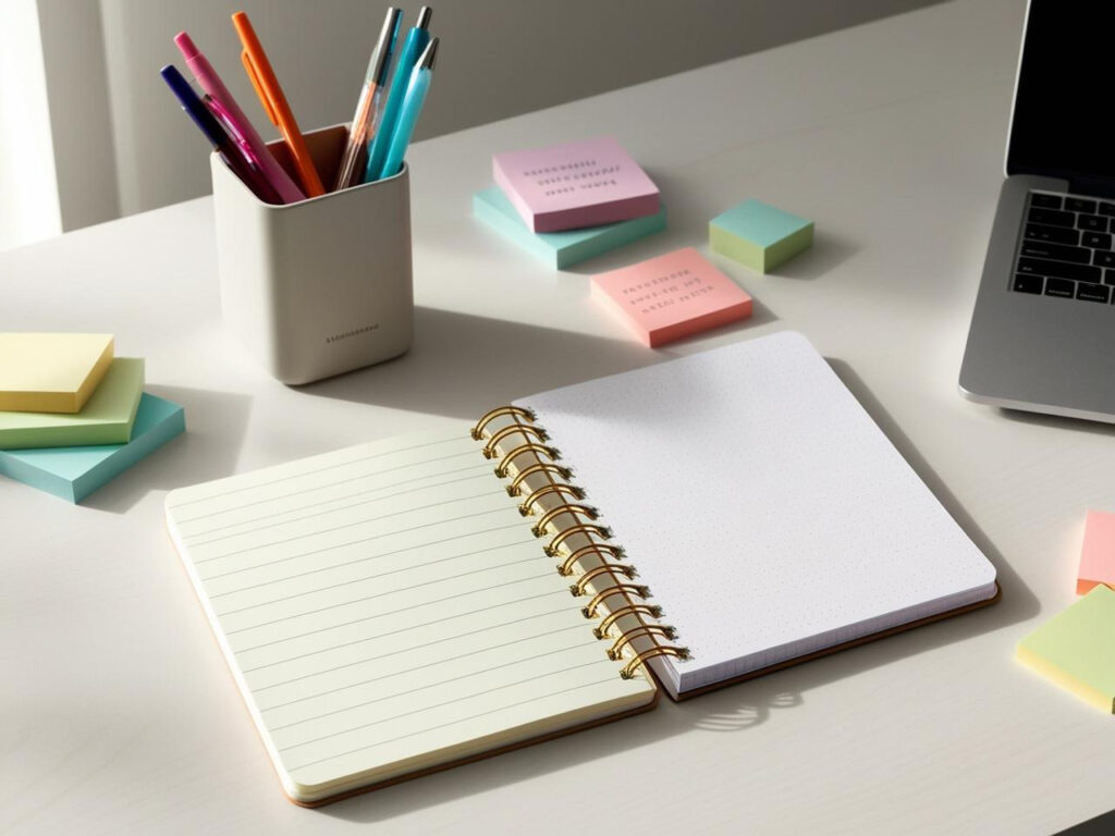 Versatile notebook with colorful pens and accessories