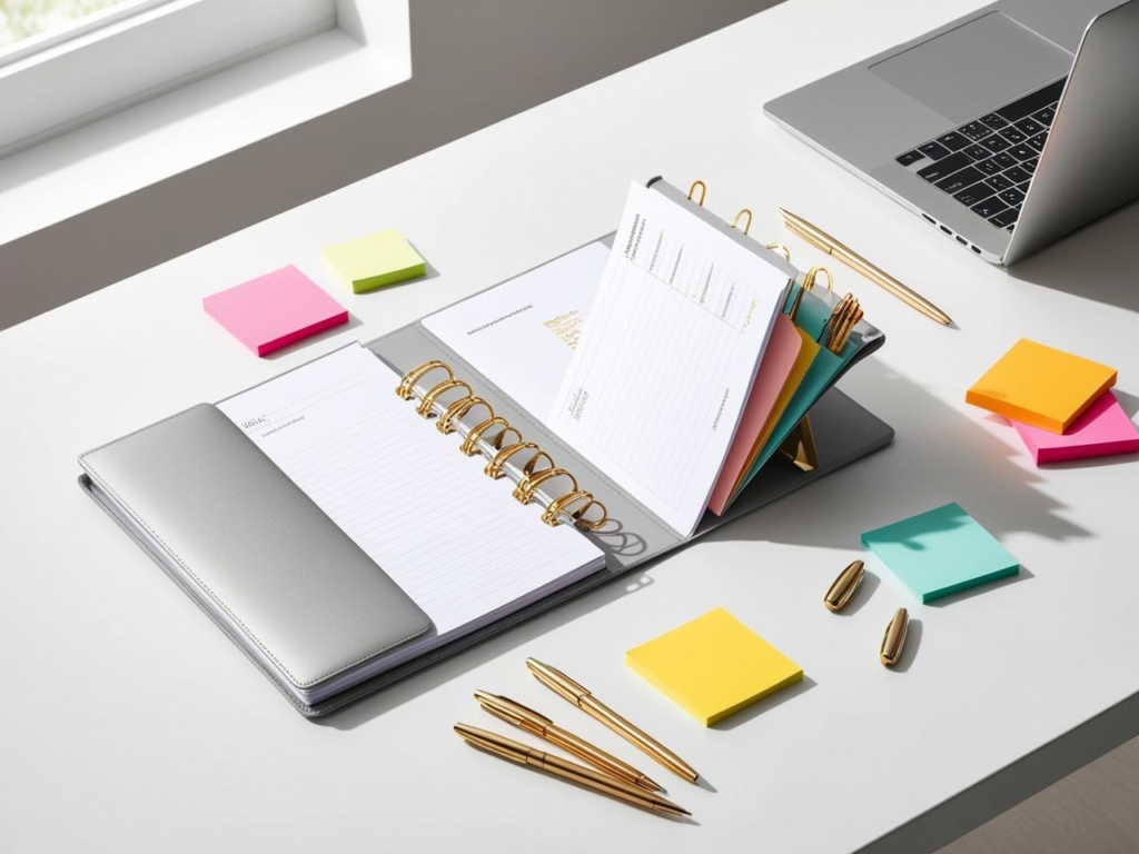 Organized high-capacity notebook setup with stationery and papers