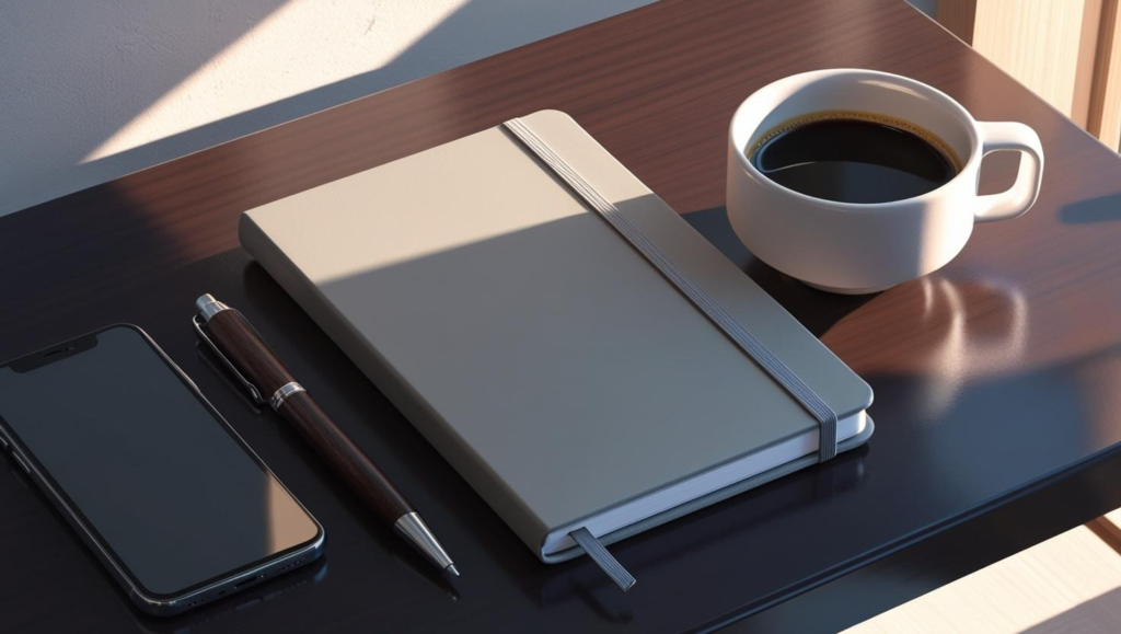 Compact notebook with pen, smartphone, and coffee on a desk