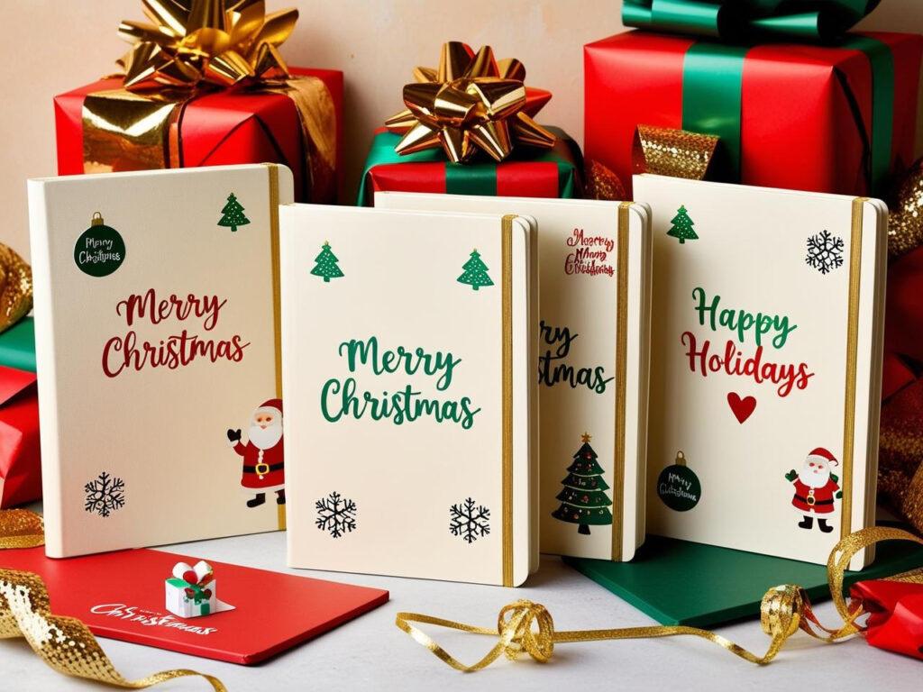 Customizable Christmas-themed notebook covers with names, holiday messages, and festive stickers, perfect for personalizing gifts.