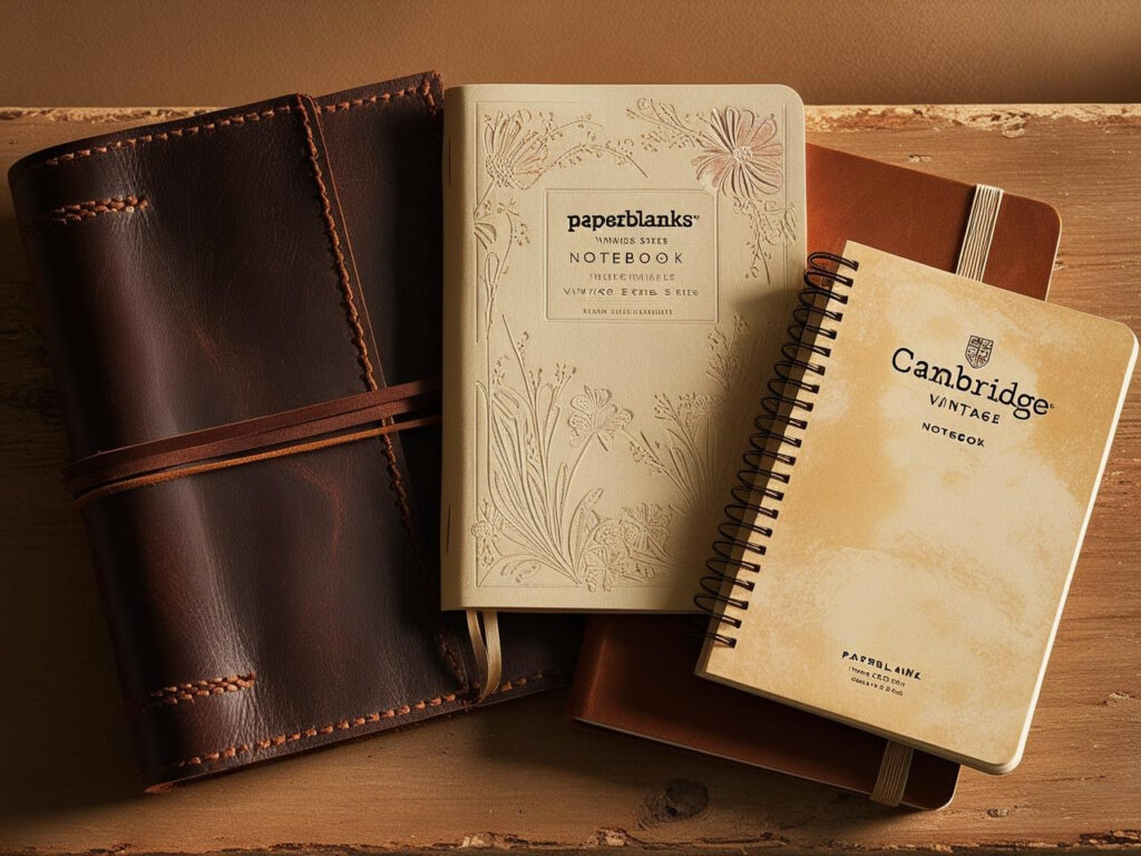 A collection of three vintage-style notebooks on a rustic wooden desk, including a leather-bound journal, Paperblanks Vintage Series with floral motifs, and Cambridge Vintage Spiral Notebook, perfect for reflective journaling and creative writing