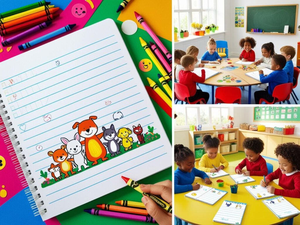 A group of kids sitting at a classroom table using the recommended notebooks for drawing or practicing handwriting.