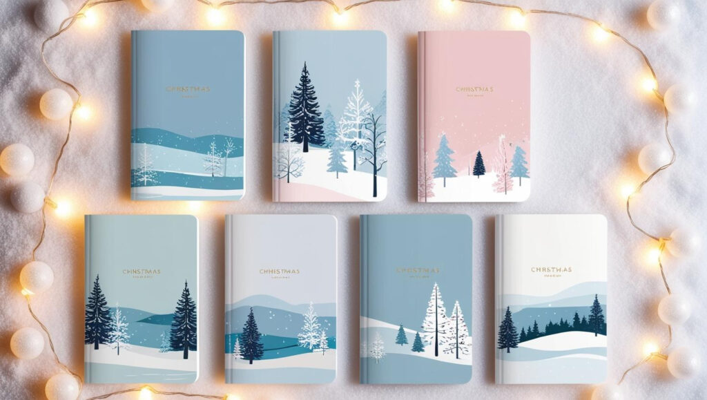 Elegant Christmas-themed notebooks featuring serene winter scenes and snowflakes in soft pastel shades, perfect for a tranquil holiday vibe