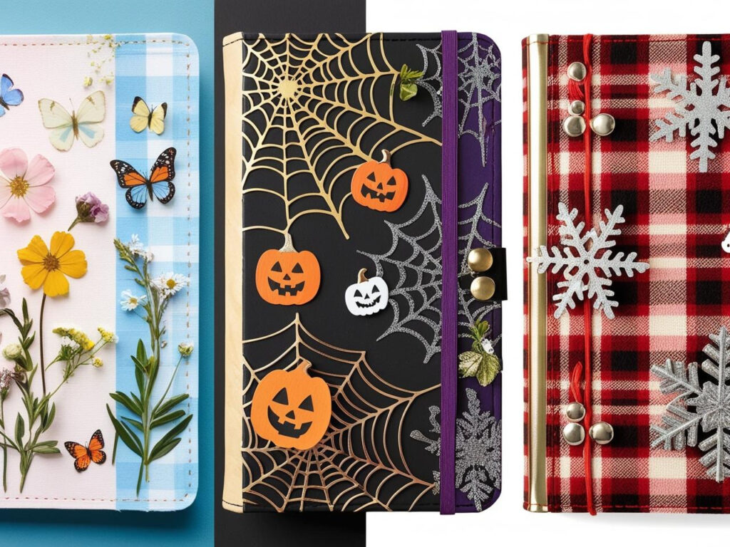 A collection of seasonal DIY journal covers featuring spring, Halloween, and winter designs, showcasing creativity and personalization.
