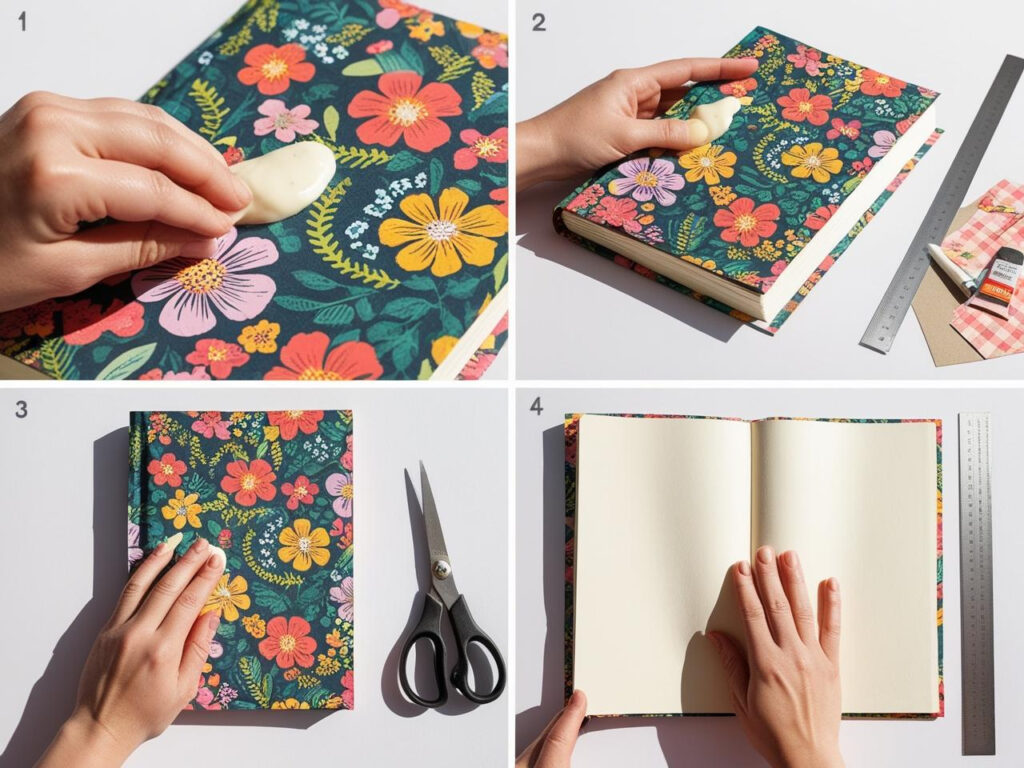 A person applying decorative paper to a journal cover during the DIY customization process, with crafting tools in the background.
