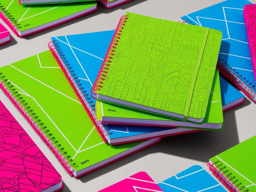 A collection of bold, vibrant-colored notebooks in neon greens, blues, and pinks, perfect for an energizing look in 2025.