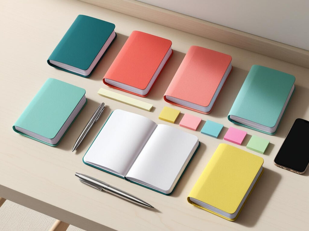 Compact notebooks displayed on a desk with writing tools
