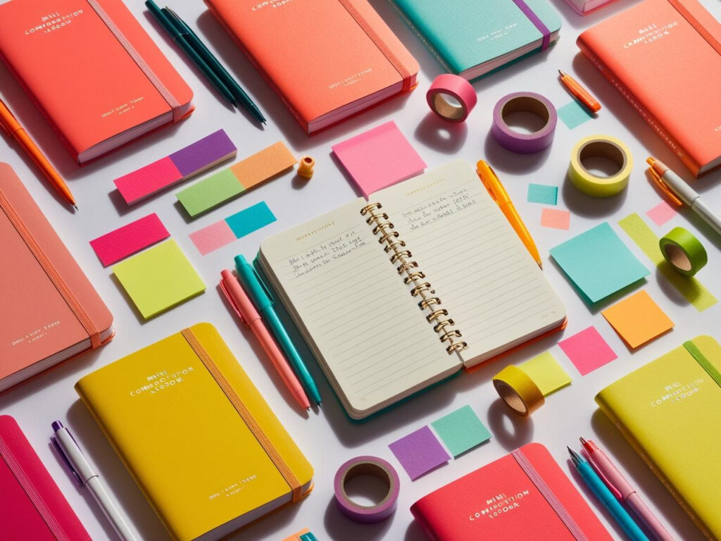 Compact mini notebook displayed with pens and sticky notes