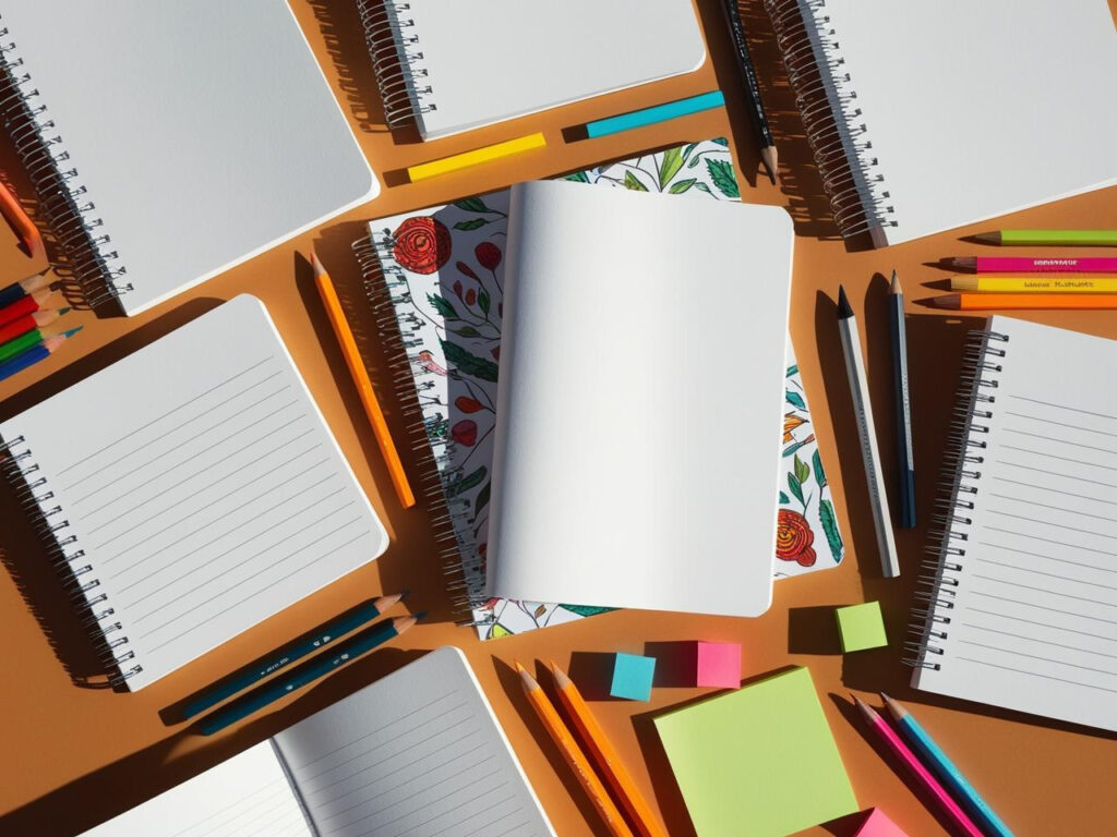 Blank unruled notebooks displayed with pencils and markers