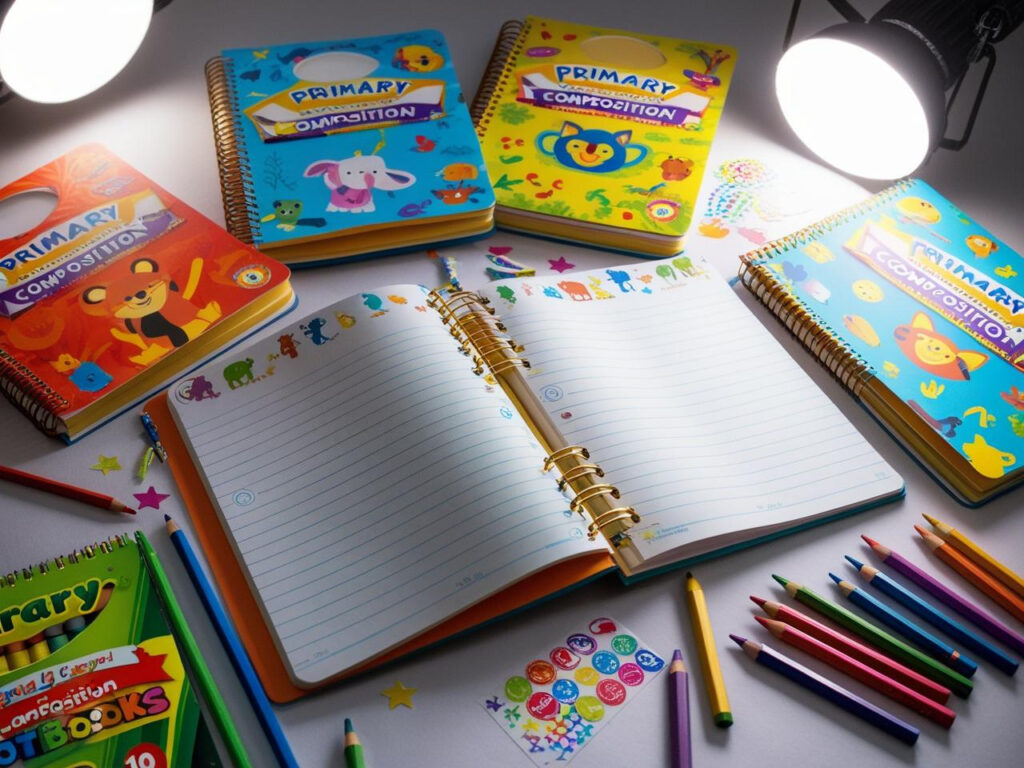 Open primary notebook surrounded by crayons and pencils