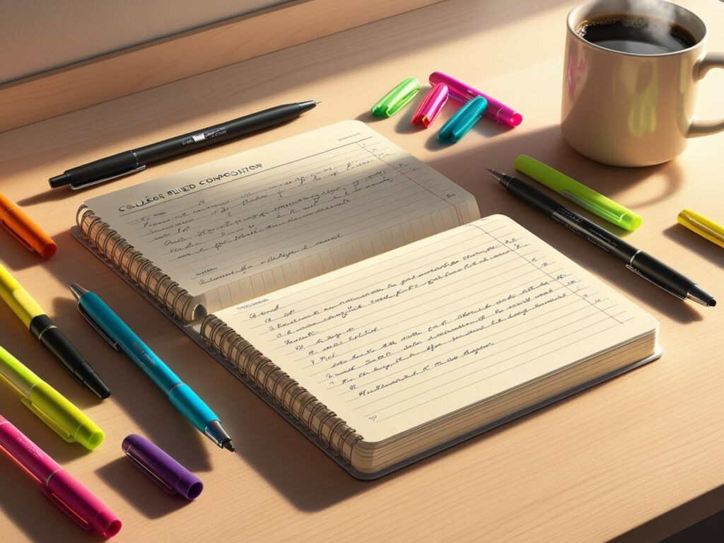 High-quality college ruled notebook with warm lighting on a tidy desk