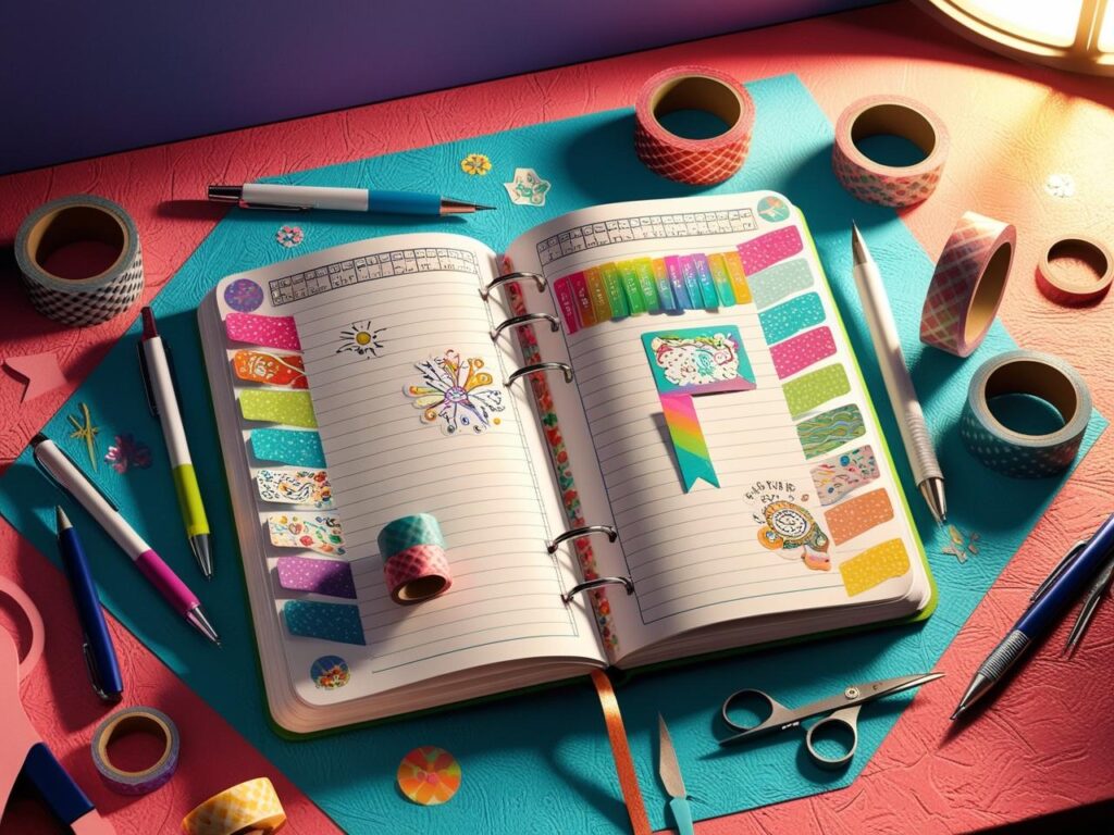 Creative wide ruled notebook with colorful layouts and tools.