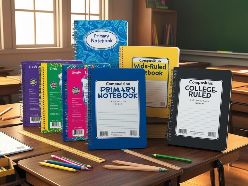 Assorted composition notebooks for different grade levels