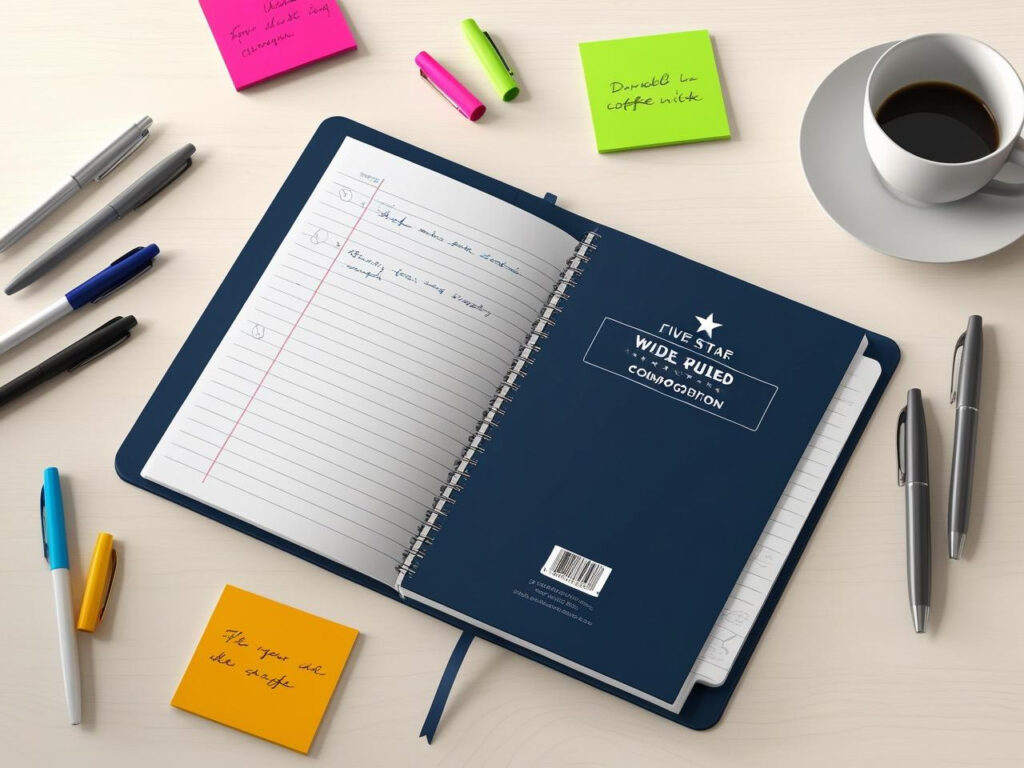 Open Five Star notebook showing wide ruled pages with written notes