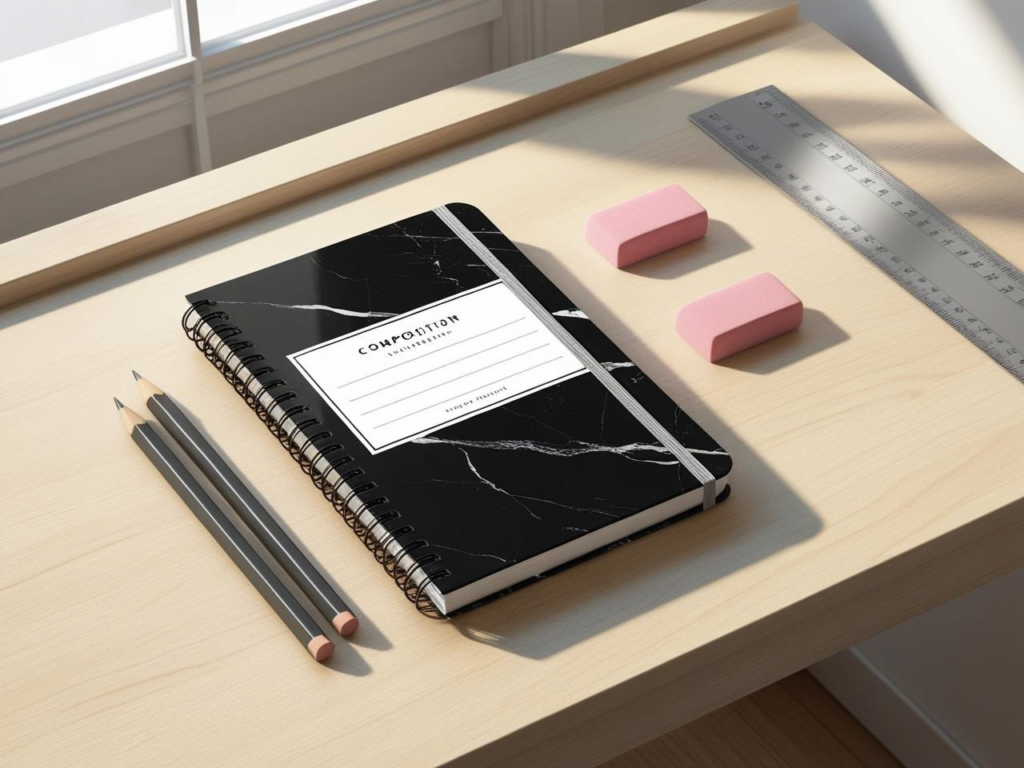 Classic black-and-white marble notebook surrounded by school supplies.