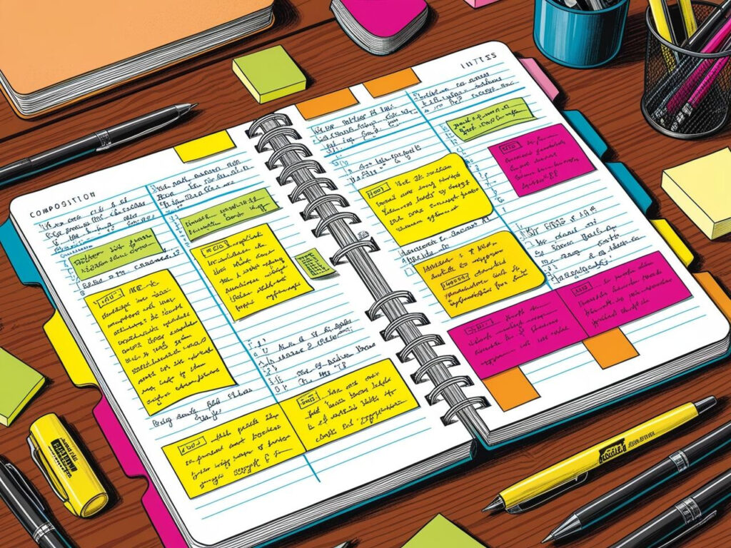 Composition notebook layout with dividers and highlights