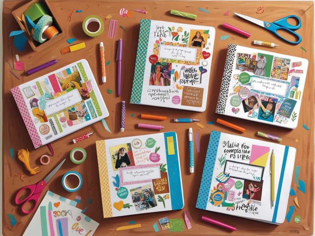 Artistic notebook designs with washi tape and stickers