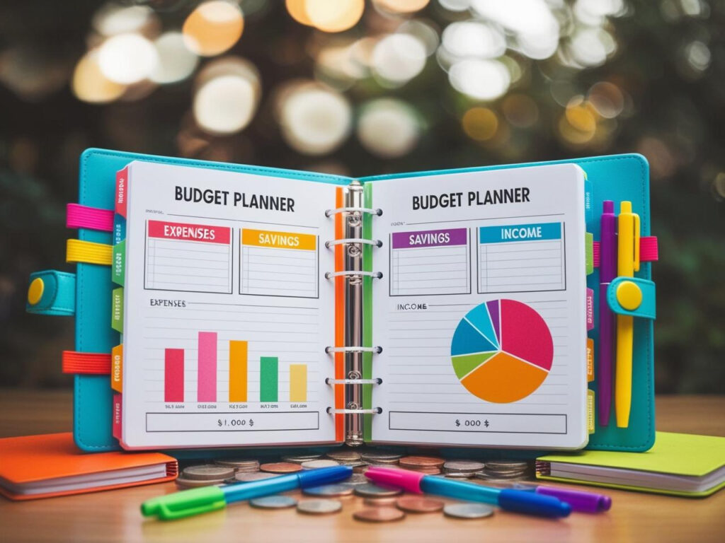 Composition notebook customized as a financial planner with charts and savings goals.