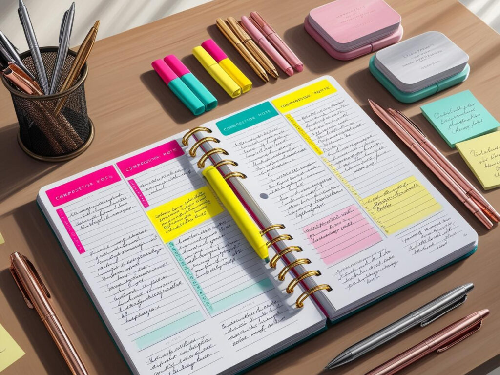 Efficiently organized notes in a composition notebook