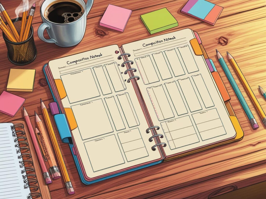 Interactive learning composition notebook for homeschooling kids with colorful tabs."