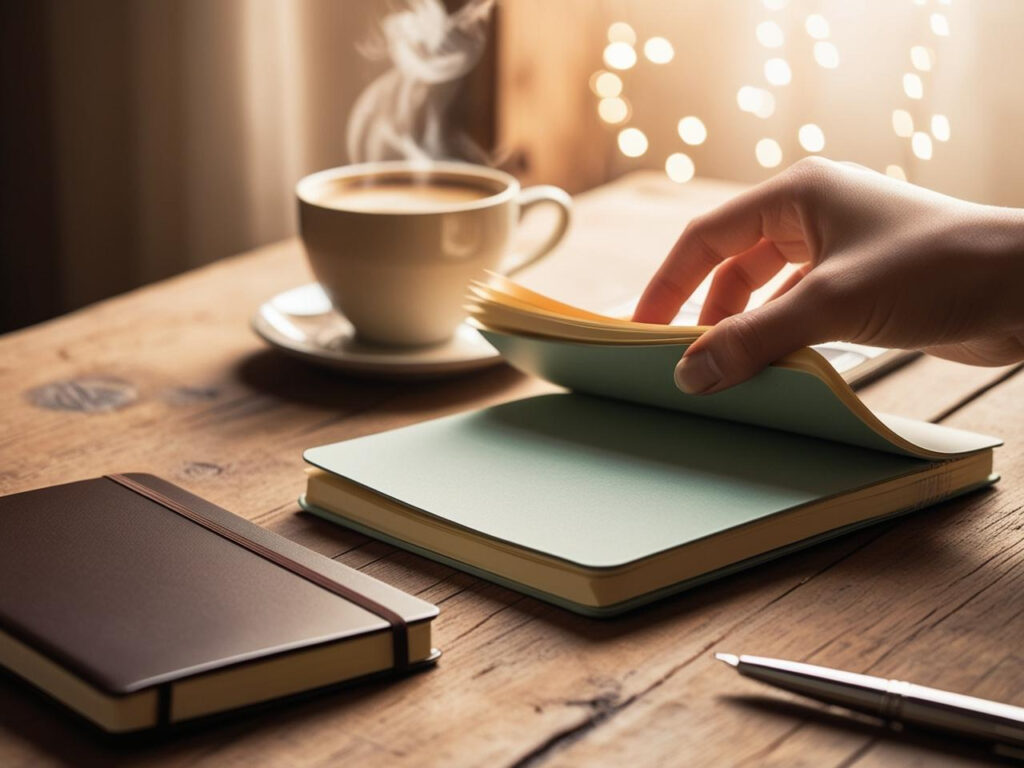 A person writing notes in a softcover composition notebook.