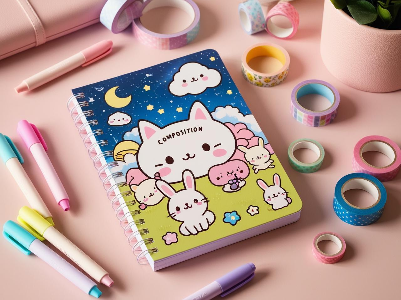 A collection of aesthetic kawaii stationery, including a pastel notebook, washi tape, highlighters, and cute stickers, arranged on a soft pink desk

