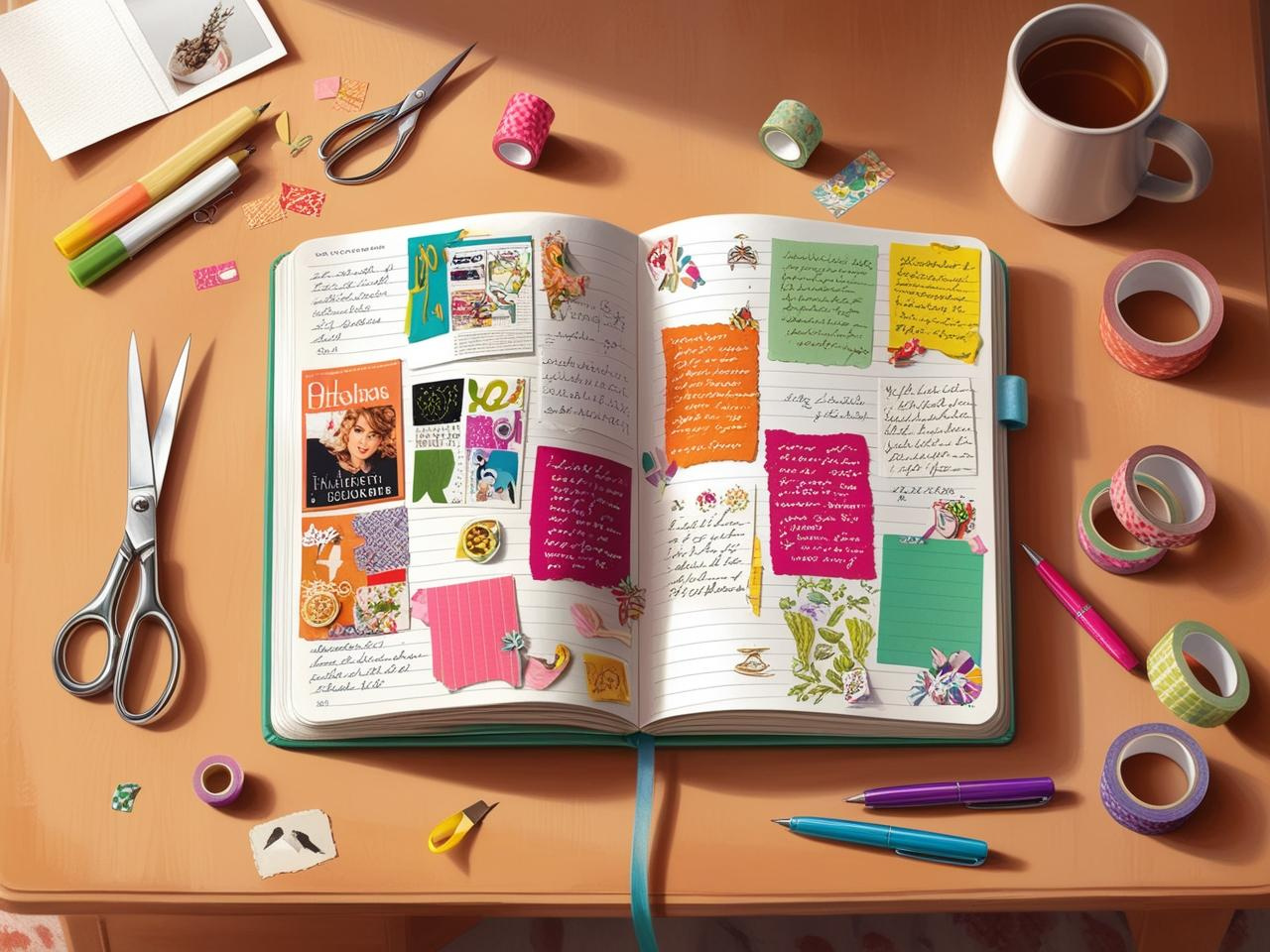 A close-up of scrapbook pages inside a composition notebook, showcasing layered paper cutouts and creative layouts