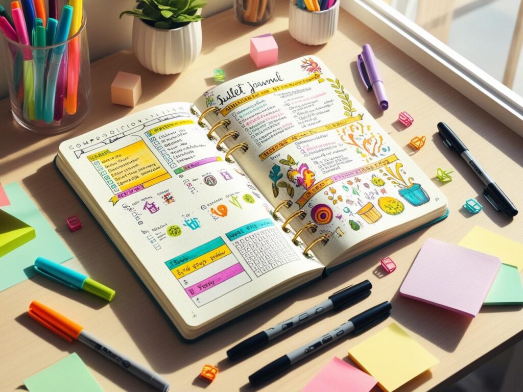 A decorated composition notebook with colorful bullet journal spreads.