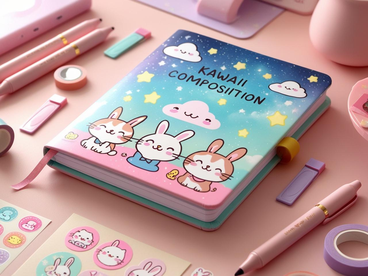 A cute pastel-colored kawaii composition notebook with an aesthetic soft cover featuring adorable illustrations of bunnies and stars, perfect for journaling