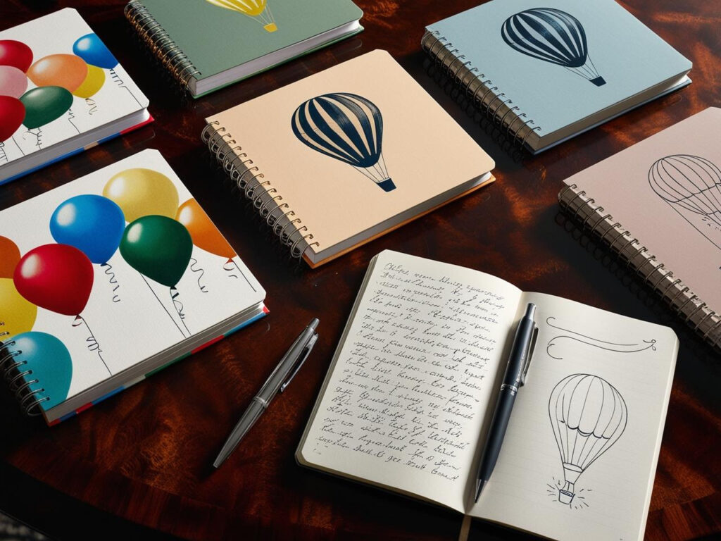 Creative balloon-themed composition notebook with watercolor designs.