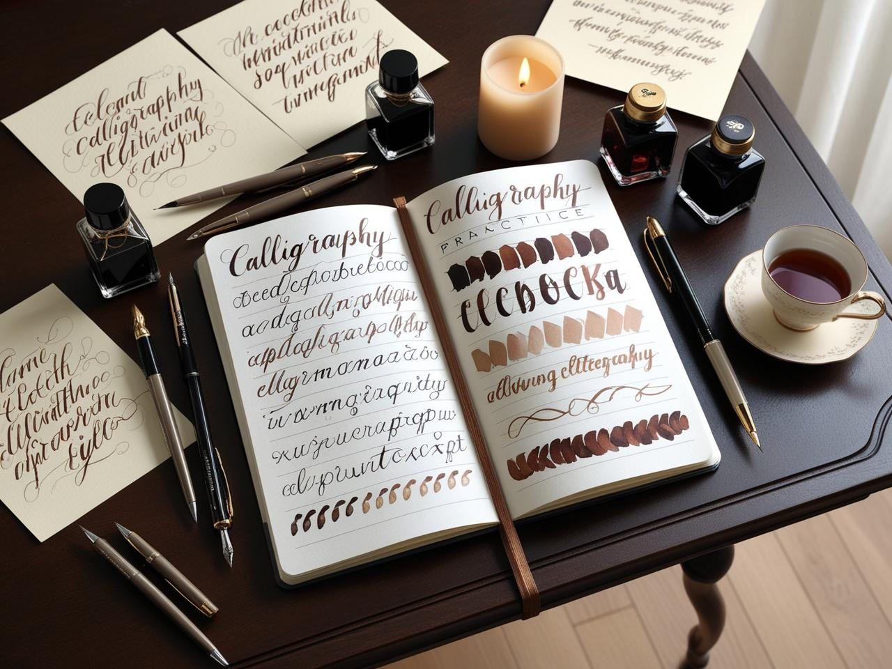 A collection of calligraphy pens and brush markers arranged beside a composition notebook