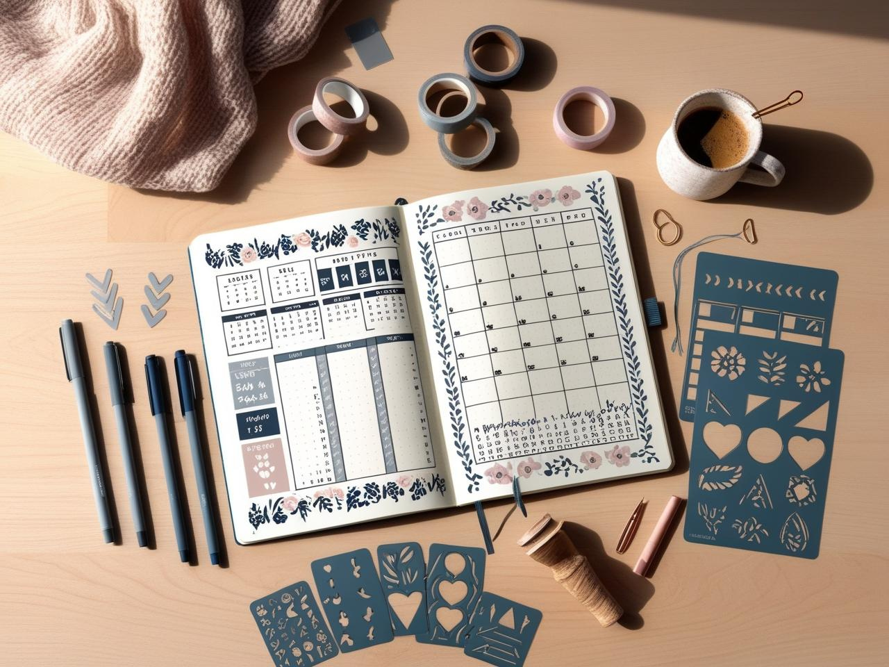 A complete stencil set for bullet journaling, including icons, banners, and grid templates for easy layouts