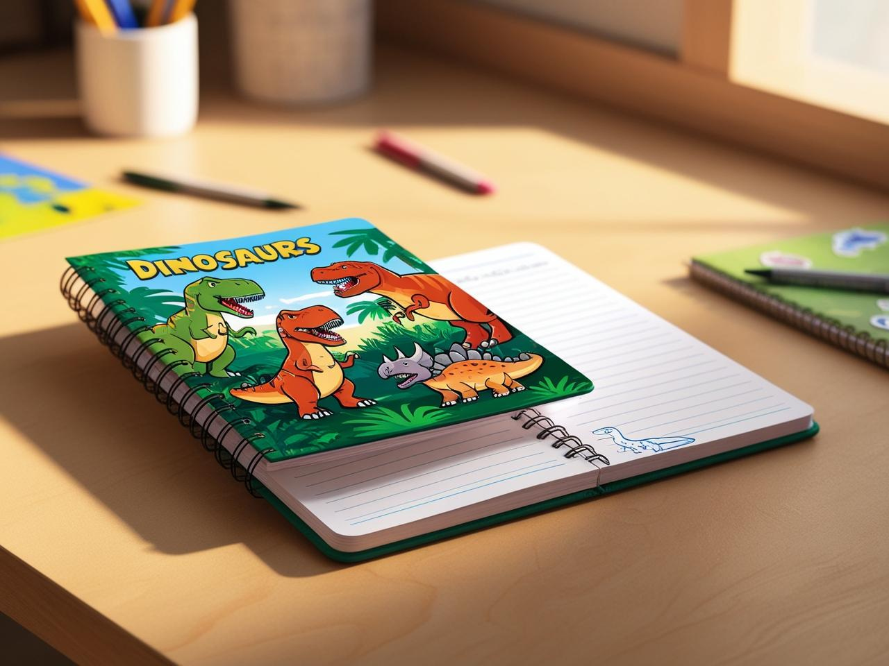 A dinosaur writing journal for students, placed on a desk with open pages showing neat handwriting and a dinosaur drawing.