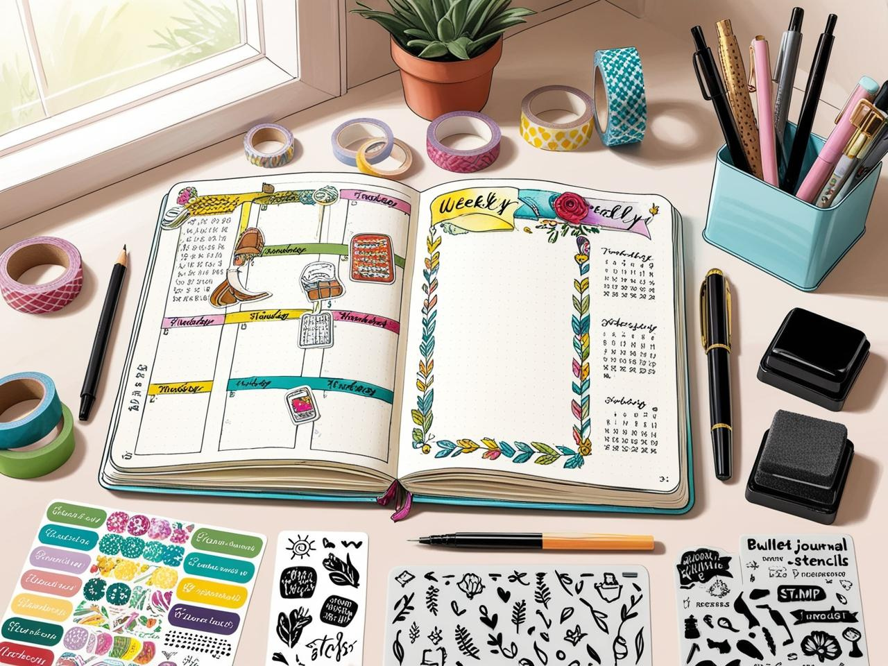 Journaling stamps and organization kits for creating structured and creative bullet journal spreads.