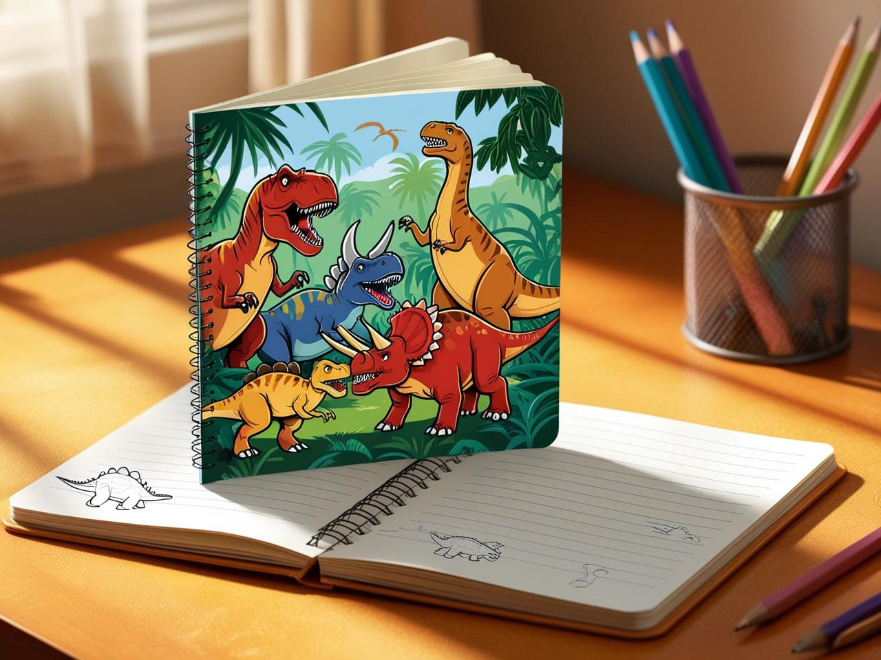 A wide-ruled dinosaur composition notebook ideal for school use, displayed with school supplies and colorful decorations.